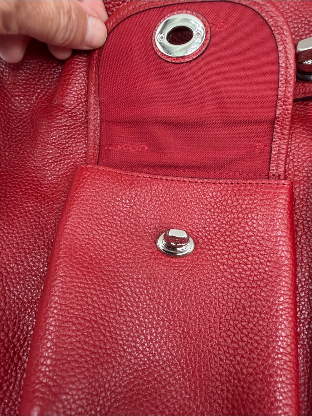 Coach Red Pebbled Leather Drawstring Backpack with Front Pockets - Picture 11 of 16